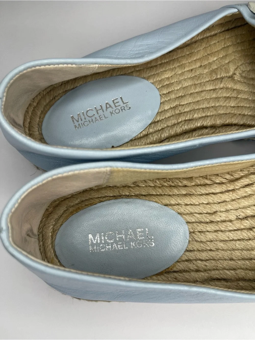 Michael Kors Light Blue Leather Lola Espadrilles size 36 Floral Appliqué